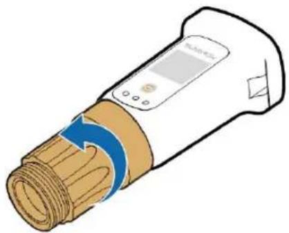 Illustration of a medical device with a blue arrow indicating rotation around its body (no text or symbols present)