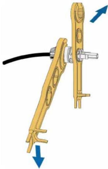 Mechanical assembly diagram showing a yellow robotic arm with blue directional arrows indicating force or movement (no text or symbols present)