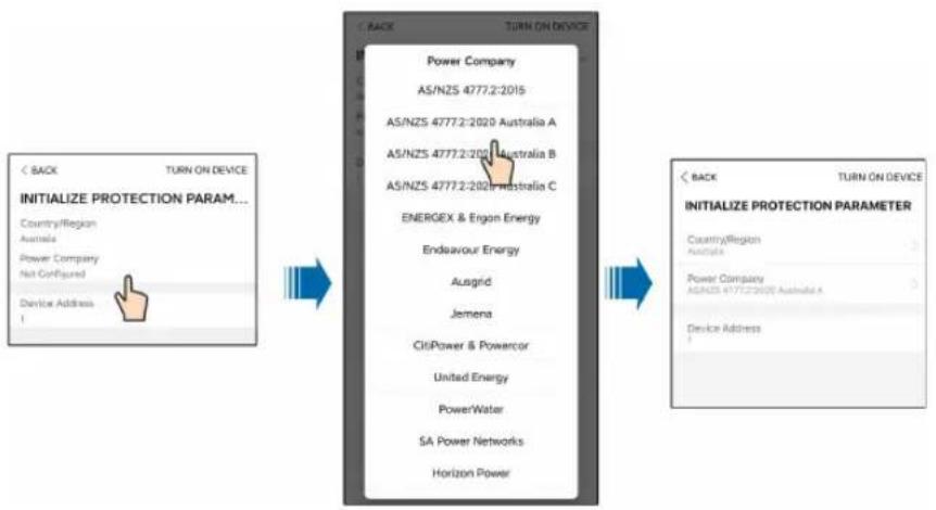 graph LR A["<<BACK TURN ON DEVICE\nINITIALIZE PROTECTION PARAM...\nCountry/Region\nAustralia\nPower Company\nNet Configured\nDevice Address\n!)"] --> B["<<BACK TURN ON DEVICE\nPower Company\nAS/NZS 4777.2:2015\nAS/NZS 4777.2:2020 Australia A\nAS/NZS 4777.2:2021 Australia B\nAS/NZS 4777.2:2022 Austra…