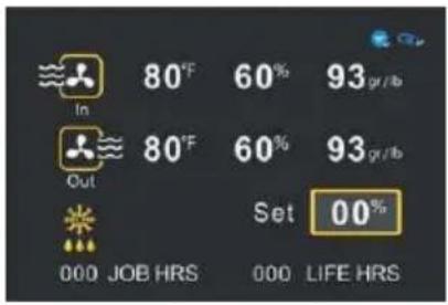 In 80°F 60% 93 gr/lb Out 80°F 60% 93 gr/lb Set 00% 000 JOB HRS 000 LIFE HRS