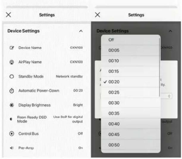 Device Settings Device Name CXN100 AirPlay Name CXN100 Standby Mode Network standby Automatic Power-Down 00:20 Display Brightness Bright Reon Ready DSD Use DoP for digital output Control Bus Off Pre-Amp On Device Settings Off 00:05 00:10 00:15 ✓ 00:20 00:25 00:30 00:35 00:40 00:45 00:50