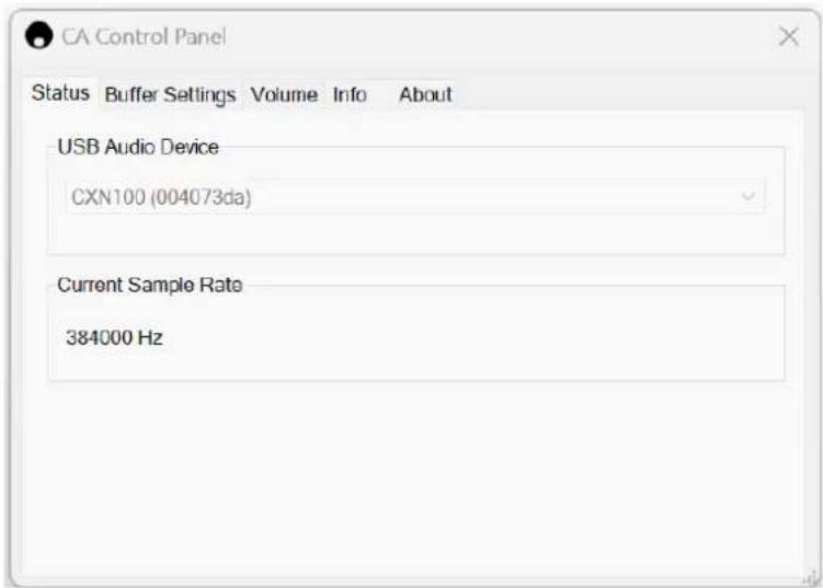 CA Control Panel Status Buffer Settings Volume Info About USB Audio Device CXN100 (004073da) Current Sample Rate 384000 Hz