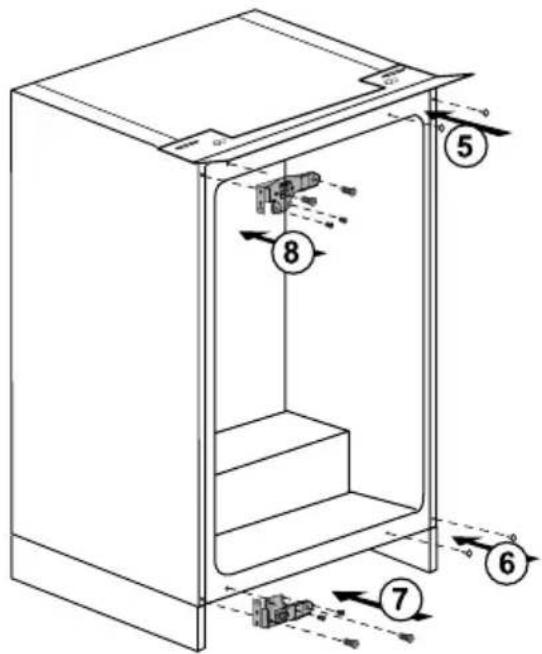 Technical diagram of an open refrigerator with numbered parts and directional arrows indicating internal components.
