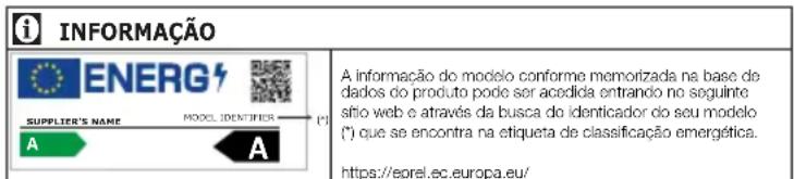 INFORMAÇÃO ENERG SUPPLIER'S NAME MODEL IDENTIFIER A A (-) A informação do modelo conforme memorizada na base de dados do produto pode ser acedida entrando no seguinte sitio web e através da busca do identificador do seu modelo (°) que se encontra na etiqueta de classificação emergética. https://epre…