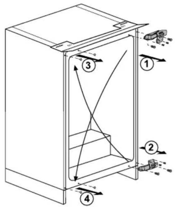 Technical diagram of a cabinet with labeled components and directional arrows indicating flow or movement.