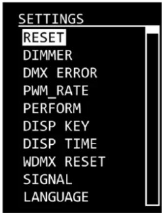 SETTINGS RESET DIMMER DMX ERROR PWM_RATE PERFORM DISP KEY DISP TIME WDMX RESET SIGNAL LANGUAGE