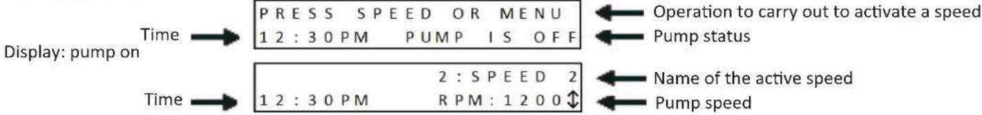Time → PRESS SPEED OR MENU 12:30PM PUMP IS OFF Operation to carry out to activate a speed ← Pump status Display: pump on Time → 2 : SPEED 2 12:30PM RPM:1200 ↑ ← Name of the active speed ← Pump speed