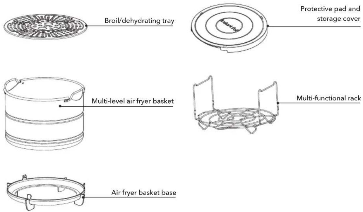 Broil/dehydrating tray Protective pad and storage cover Multi-level air fryer basket Multi-functional rack Air fryer basket base