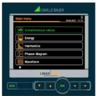 CAMILLE BAUER Main menu Instantaneous values Energy Harmonics Phasor diagram Waveform LINUX