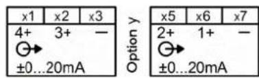 x1 x2 x3 4+ 3+ - ⊖→ ±0...20mA Option y x5 x6 x7 2+ 1+ - ⊖→ ±0...20mA