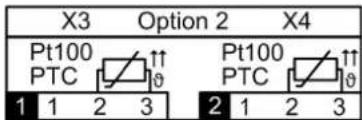 X3 Option 2 X4 Pt100 PTC ↑↑ θ 1 1 2 3 Pt100 PTC ↑↑ θ 2 1 2 3