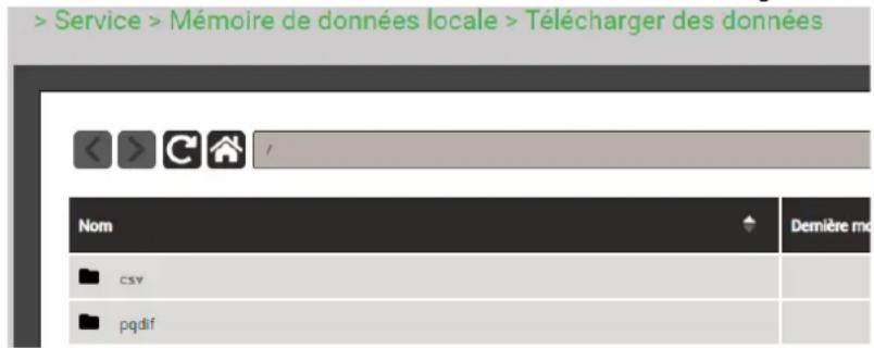 > Service > Mémoire de données locale > Télécharger des données < > C / Nom csv pqdif Dernière mo