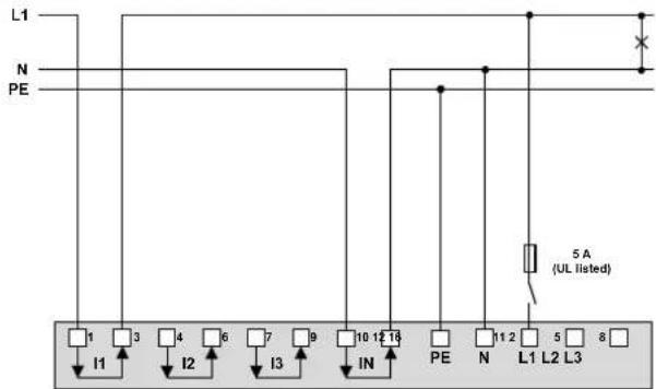 L1 N PE 1 3 4 6 7 9 10 12 18 PE N L1 L2 L3 I1 I2 I3 IN 5 A (UL listed)