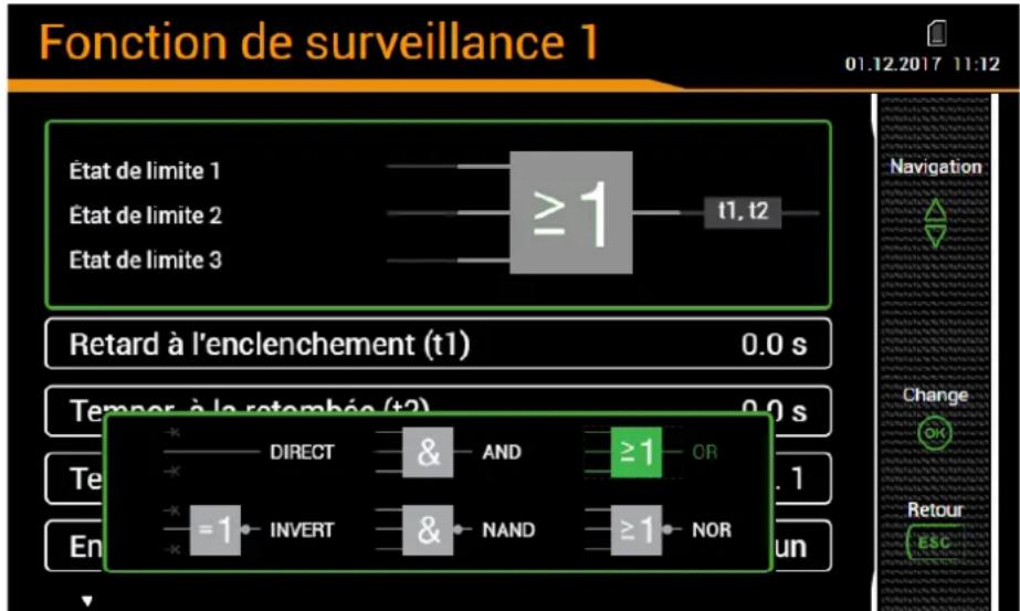 Fonction de surveillance 1 01.12.2017 11:12 État de limite 1 État de limite 2 État de limite 3 ≥ 1 t1, t2 Retard à l'enclenchement (t1) 0.0 s Temper à la retombée (t2) 0.0 s DIRECT AND ≥ 1 OR = 1 INVERT & NAND ≥ 1 NOR En un Navigation Change OK Retour ESC