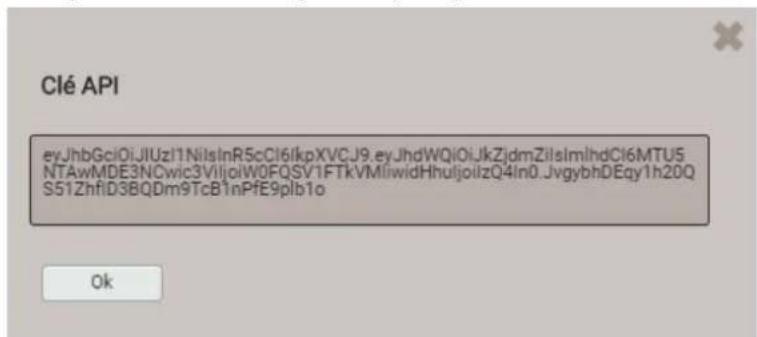 Clé API eyJhbGciOiJIUzl1NilsInR5cCI6IkpXVCJ9.eyJhdWQiOiJkZjdmZiIsImlhdCI6MTU5 NTAwMDE3NCwic3ViljoiW0FQSV1FTkVMliwidHhuljoilzQ4In0.JvgybhDEqy1h20Q S51ZhfiD3BQDm9TcB1nPfE9plb1o Ok