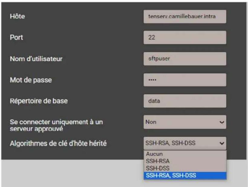 Hôte tenserv.camillebauer.intra Port 22 Nom d'utilisateur sftpuser Mot de passe .... Répertoire de base data Se connecter uniquement à un serveur approuvé Non Algorithms de clé d'hôte hérité SSH-RSA, SSH-DSS Aucun SSH-RSA SSH-DSS SSH-RSA, SSH-DSS