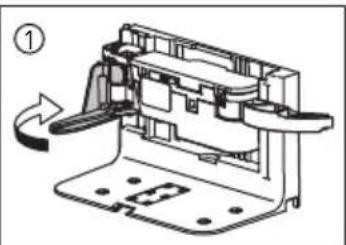 Mechanical assembly diagram showing a component with a curved arrow indicating rotation. No text or symbols present.