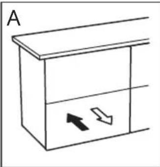 Simple line drawing of a cabinet with two arrows indicating direction (no text or symbols)