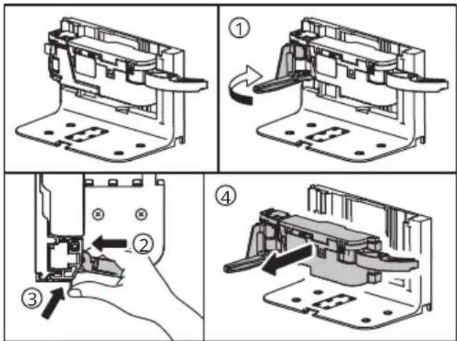 Technical diagram showing four-step assembly steps of a mechanical component, labeled ① to ④ with directional arrows indicating movement.