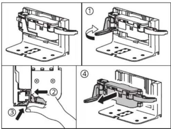 Technical diagram showing four-step assembly steps of a mechanical component, labeled ① to ④ with directional arrows indicating movement.