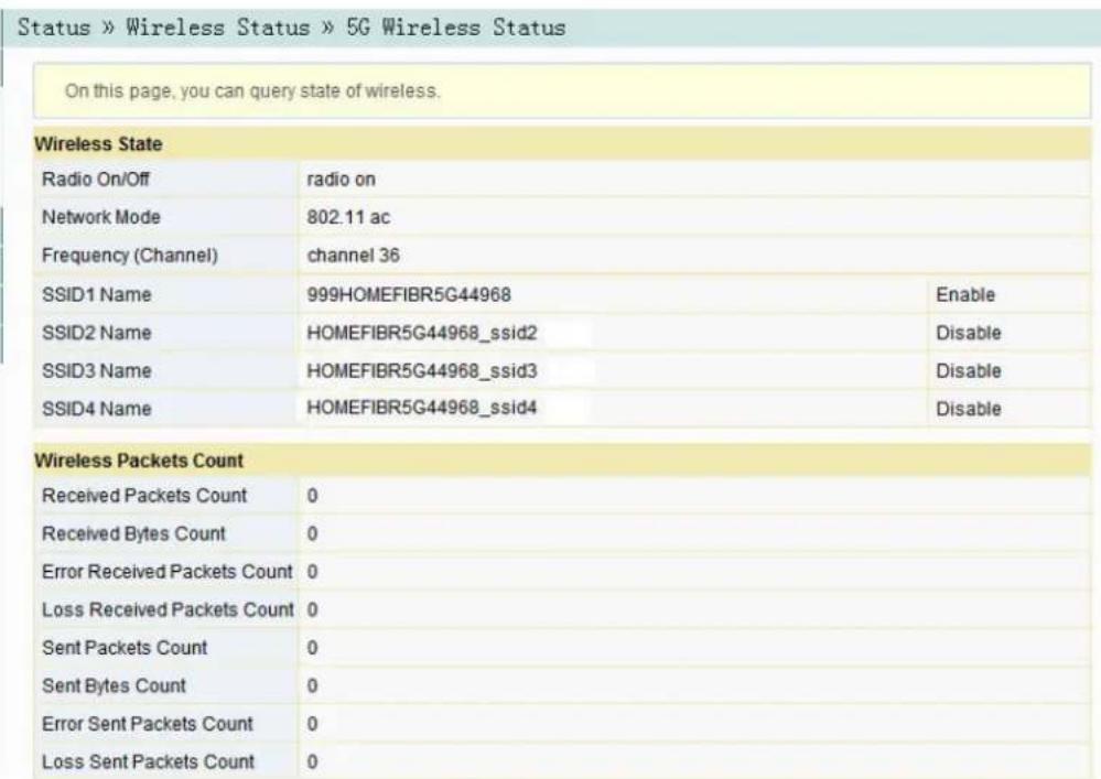Status » Wireless Status » 5G Wireless Status On this page, you can query state of wireless. Wireless State Radio On/Off radio on Network Mode 802.11 ac Frequency (Channel) channel 36 SSID1 Name 999HOMEFIBR5G44968 Enable SSID2 Name HOMEFIBR5G44968_ssid2 Disable SSID3 Name HOMEFIBR5G44968_ssid3 Disable SSID4 Name HOMEFIBR5G44968_ssid4 Disable Wireless Packets Count Received Packets Count 0 Received Bytes Count 0 Error Received Packets Count 0 Loss Received Packets Count 0 Sent Packets Count 0 Sent Bytes Count 0 Error Sent Packets Count 0 Loss Sent Packets Count 0