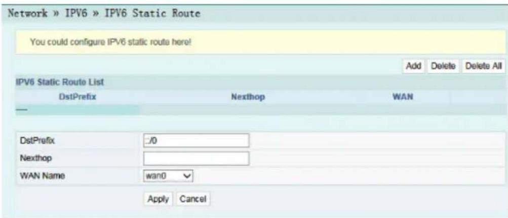 Network » IPV6 » IPV6 Static Route You could configure IPV6 static route here! Add Delete Delete All IPV6 Static Route List DstPrefix Nexthop WAN DstPrefix 0 Nexthop WAN Name wan0 Apply Cancel