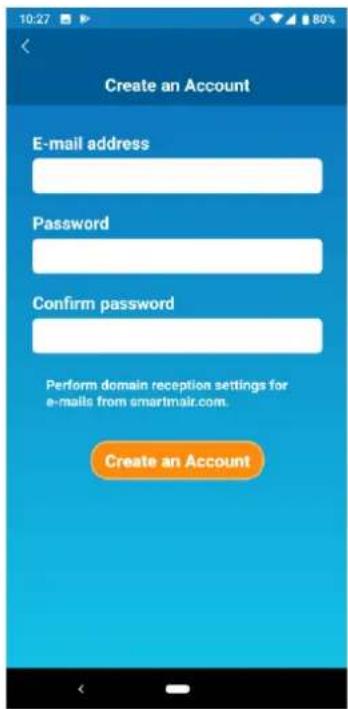10:27 80% Create an Account E-mail address Password Confirm password Perform domain reception settings for e-mails from smartmail.com. Create an Account