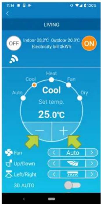 LIVING OFF Indoor 28.2°C Outdoor 20.0°C Electricity bill 0kWh ON Cool Heat Fan Dry Auto Cool Set temp. 25.0°C - + Fan Up/Down Left/Right 3D AUTO < Auto > < > < 示示 >