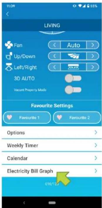 11:09 55% LIVING Fan Auto Up/Down Left/Right 3D AUTO Vacant Property Mode Favourite Settings Favourite 1 Favourite 2 Options Weekly Timer Calendar Electricity Bill Graph 010/12