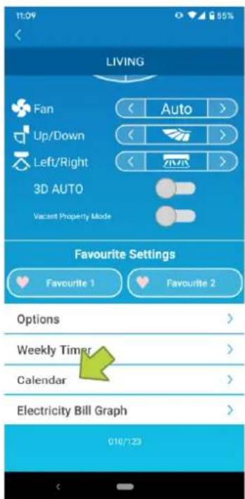 11:09 LIVING Fan Auto > Up/Down > Left/Right > 3D AUTO Vacant Property Mode Favourite Settings Favourite 1 Favourite 2 Options Weekly Timer Calendar Electricity Bill Graph 010/123