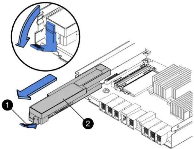 Technical diagram of a server rack with labeled components and an inset showing a blue mechanical component being inserted.