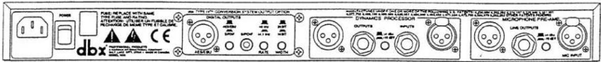 POWER PUE: REPLACE WITH SAME ATTENTION. UTLSER UN PUEBLE DE RICHARGE DE MODE TYPE ET CALIFURE. dbx DIGITAL OUTPUT ASSEMB SPEAK BRIP OF 400 MHz RARE WIDTH DYNAMIC PROCESSOR OUTPUTS EQUITY MICROPHONE PRE-AME LIME OUTPUTS MINI OUTPUTS MIC ROUTPUTS