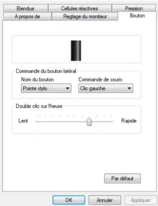 Etendue Cellules réactives Pression A propos de Reglage du moniteur Bouton Commande du bouton latéral Nom du bouton Pointe stylo Commande de souris Clic gauche Double clic sur l'heure Lent Rapide Par défaut OK Annuler Appliquer