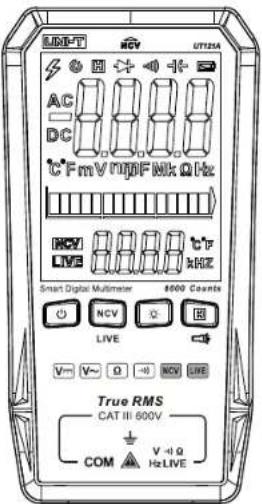 MOD-T HV UT23A AC DC C FmV MDF Mk 0 Hz HV LIVE MHz Smart Digital Multimeter 8600 Counts NCV LIVE V~ V~ Q -R NCV LIVE True RMS CAT III 600V COM V-1.0 Hz LIVE