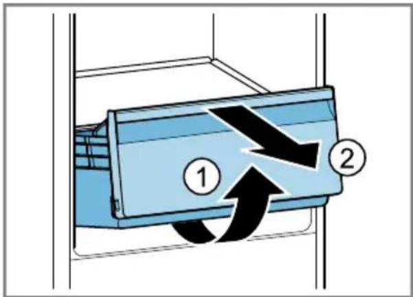 Diagram showing airflow or movement of a blue container with numbered arrows and labeled parts ① and ②