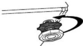 Simple line drawing of a fork lifting a cylindrical object with a curved arrow indicating motion (no text or symbols)