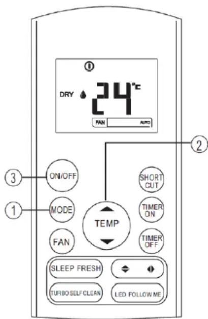 DRY 24°C FAN AUTO ① ② ③ ON/OFF SHORT CUT MODE TIMER ON FAN TIMER OFF TEMP SLEEP FRESH TURBO SELF CLEAN LED FOLLOW ME
