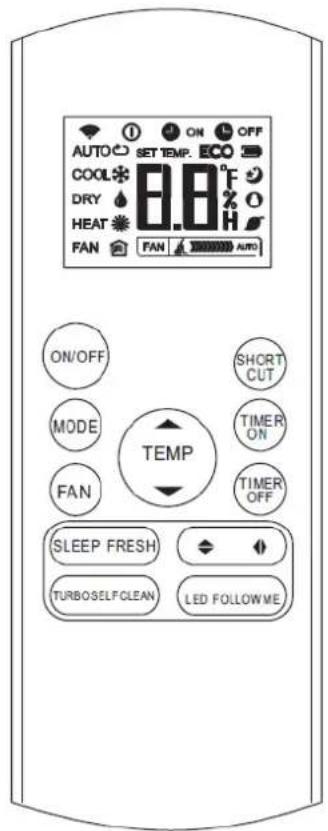 AUTO ON OFF COOL SET TEMP. ECO DRY 8.8°F HEAT FAN FAN AUTO ON/OFF SHORT MODE TIMER FAN TIMER ON TEMP OFF SLEEP FRESH LED FOLLOWME TURBOSELF CLEAN