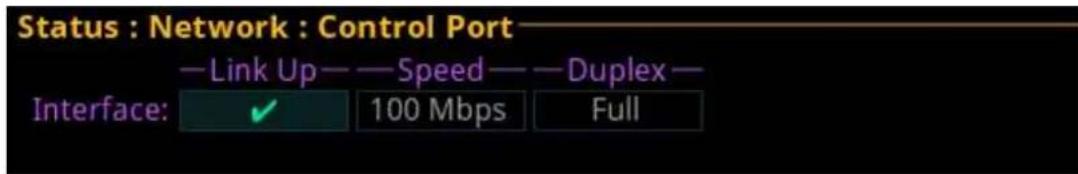 Status : Network : Control Port —Link Up — Speed — Duplex — Interface: ✓ 100 Mbps Full