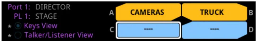 Port 1: DIRECTOR PL 1: STAGE * ○ Keys View * ○ Talker/Listener View A CAMERAS TRUCK B C ---- --- D