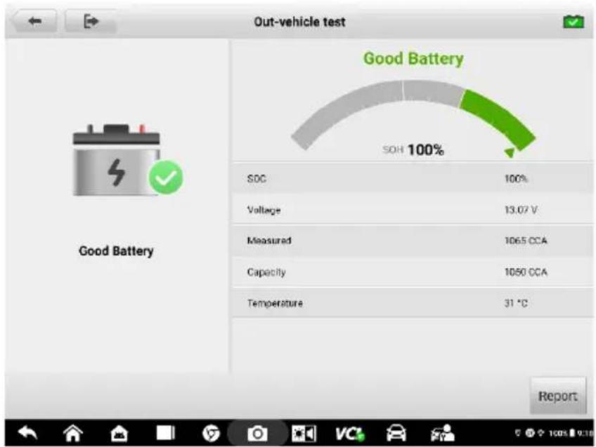 Out-vehicle test Good Battery SOH 100% SDC 100% Voltage 13.07 V Measured 1065 CCA Capacity 1050 CCA Temperature 31 °C Report