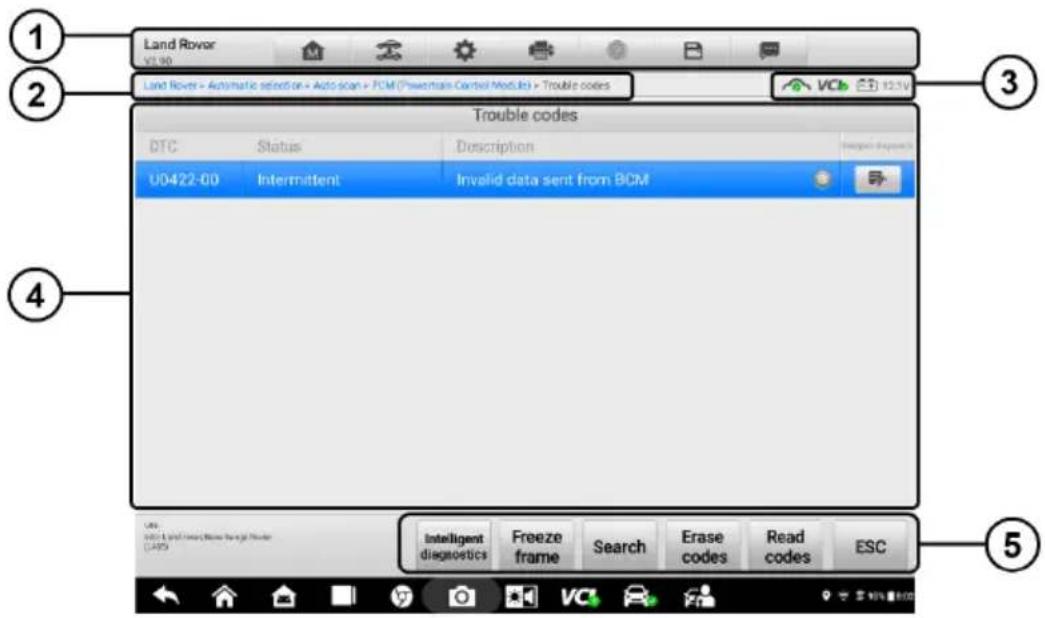 Land Rover V1.90 Land Rover - Automatic selector or - Auto scan - PCM (Downtrain Control Module) - Trouble codes Trouble codes DTC Status Description U0422-00 Intermittent Invalid data sent from BCM USE: V1.90 / 3.00 / 5.00 / 7.00 / 9.00 / 12.00 / 15.00 / 18.00 / 21.00 / 24.00 / 27.00 / 30.00 / 33.00 / 36.00 / 39.00 / 42.00 / 45.00 / 48.00 / 51.00 / 54.00 / 57.00 / 60.00 / 63.00 / 66.00 / 69.00 / 72.00 / 75.00 / 78.00 / 81.00 / 84.00 / 87.00 / 90.00 / 93.00 / 96.00 / 99.00 / 102.00 / 105.00 / 108.00 / 111.00 / 114.00 / 117.00 / 120.00 / 123.00 / 126.00 / 129.00 / 132.00 / 135.00 / 138.00 / 141.00 / 144.00 / 147.00 / 150.00 / 153.00 / 156.00 / 159.00 / 162.00 / 165.00 / 168.00 / 171.00 / 174.00 / 177.00 / 180.00 / 183.00 / 186.00 / 189.00 / 192.00 / 195.00 / 198.00 / 201.00 / 204.00 / 207.00 / 210.00 / 213.00 / 216.00 / 219.00 / 222.00 / 225.00 / 228.00 / 231.00 / 234.00 / 237.00 / 240.00 / 243.00 / 246.00 / 249.00 / 252.00 / 255.00 / 258.00 / 261.00 / 264.00 / 267.00 / 270.00 / 273.00 / 276.00 / 279.00 / 282.00 / 285.00 / 288.00 / 291.00 / 294.00 / 297.00 / 299.99 Intelligent diagnostics Freeze frame Search Erase codes Read codes ESC