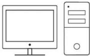 Dessin au trait d'un ordinateur de bureau avec moniteur et tour (aucun texte ou symbole).