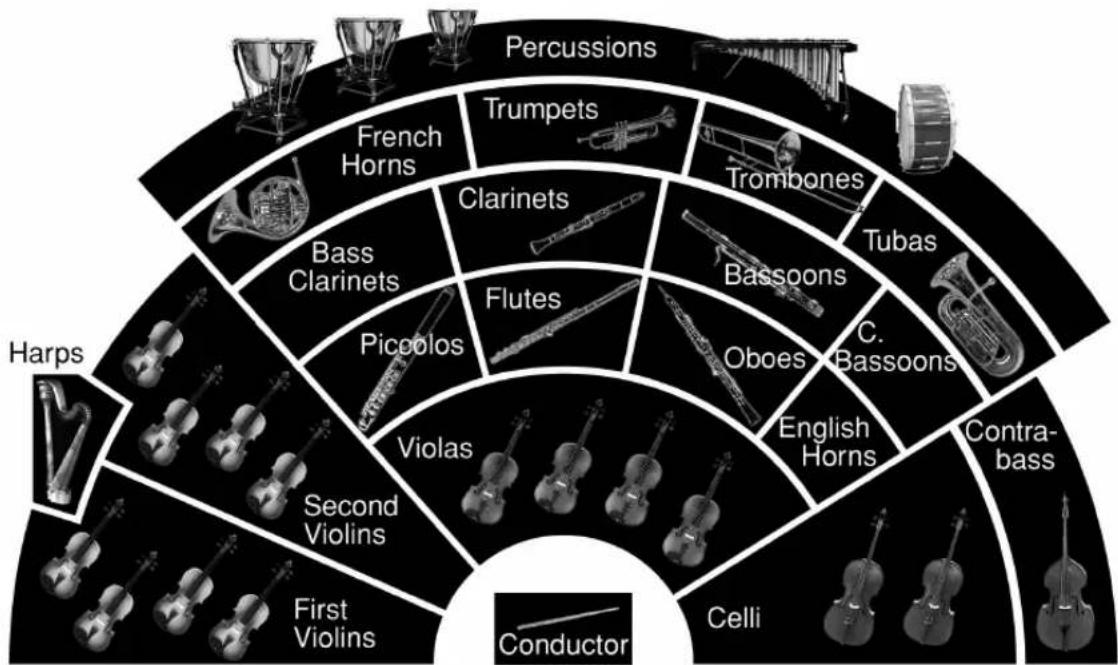 Percussions French Horns Trumpets Trombones Bass Clarinets Clarinets Flutes Bassoons Tubas Piccolos Oboes C. Bassoons Harps Second Violins Violas English Horns Contra-bass Celli First Violins Conductor