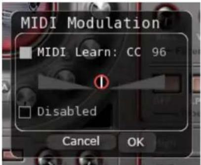 MIDI Modulation MIDI Learn: CC 96 Disabled Cancel OK