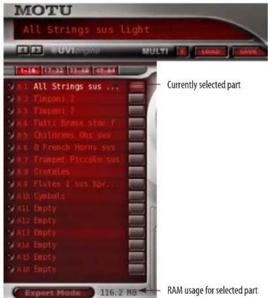 MOTU All Strings sus light Currently selected part A1 All Strings sus ... A2 Timpani 2 A3 Timpani 2 A4 Tutti: Brass stac f A5 Childrens Ohs suw A6 B French Horns sus A7 Trumpet Piccolo sus A8 Crotales A9 Flutes 1 sus Xpr... A10 Cymbals A11 Empty A12 Empty A13 Empty A14 Empty A15 Empty A16 Empty RAM usage for selected part Expert Mode 116.2 MB