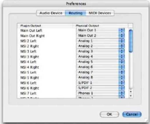 Preferences Audio Device Routing MIDI Devices Plugin Output Physical Output Main Out Left Main Out 1 Main Out Right Main Out 2 MSI 2 Left Analog 1 MSI 2 Right Analog 2 MSI 3 Left Analog 3 MSI 3 Right Analog 4 MSI 4 Left Analog 5 MSI 4 Right Analog 6 MSI 5 Left Analog 7 MSI 5 Right Analog 8 MSI 6 Left S/PDIF 1 MSI 6 Right S/PDIF 2 MSI 7 Left Phones 1 MSI 7 Right Phones 2 OK Cancel