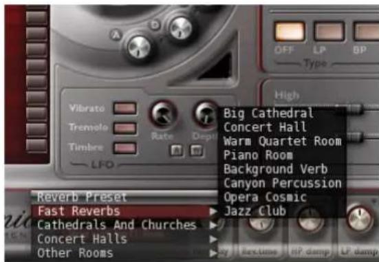 Vibrato Tremolo Timble LFD Reverb Preset Fast Reverbs Cathedrals And Churches Concert Halls Other Rooms Rate Dept Big Cathedral Concert Hall Warm Quartet Room Piano Room Background Verb Canyon Percussion Opera Cosmic Jazz Club