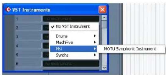 VST Instruments 1 2 3 4 5 6 No Instruments ✓ No YST Instrument Drums MachFive Mkt Synchs MOTU Symphonic Instrument