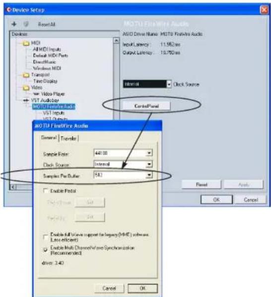 Device Setup Reset All MOTU FirstWire Audio ASIO Drive Name: MOTU FirstWire Audio Input Latency: 11.562ms Output Latency: 10.790ms Internal Clock Source ControlPanel MOTU FirstWire Audio General | Transfer Sample Rate: 441.00 Clock Source: Internal Sample Per Buffer: 513 Enable Panel OK Cancel Reset Apply OK Cancel